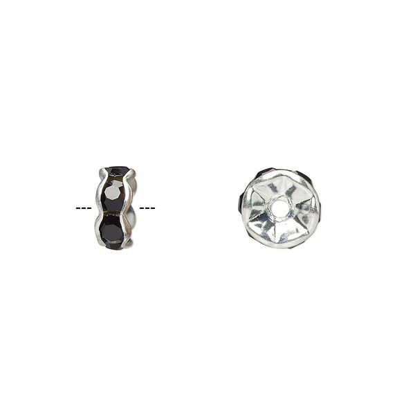 Bead, glass rhinestone and silver-plated brass, black, 7x3.5mm rondelle. Sold per pkg of 10. image number 0