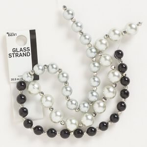 Bead, glass, opaque black and silver, 8-12mm round and 4mm faceted round. Sold per 20-1/2 inch strand.