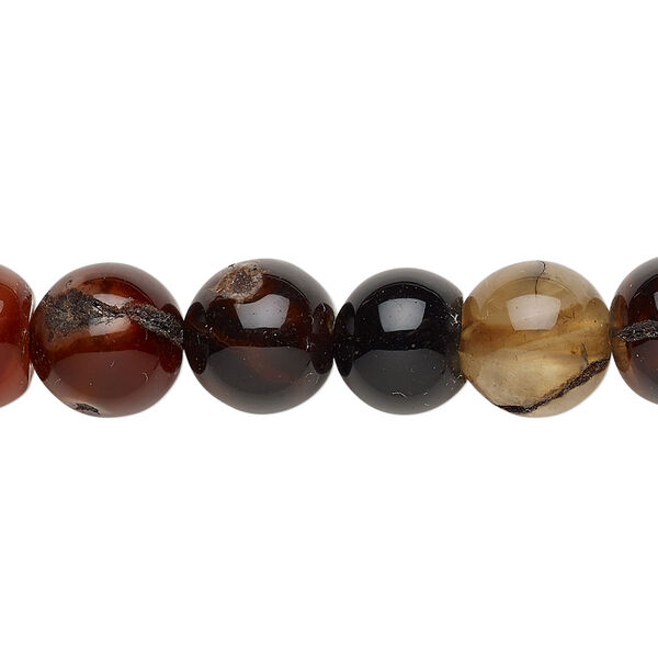 Bead, red agate / black agate / brown agate (dyed / heated), 9-10mm round, C grade, Mohs hardness 6-1/2 to 7. Sold per 15" to 16" strand. image number 0