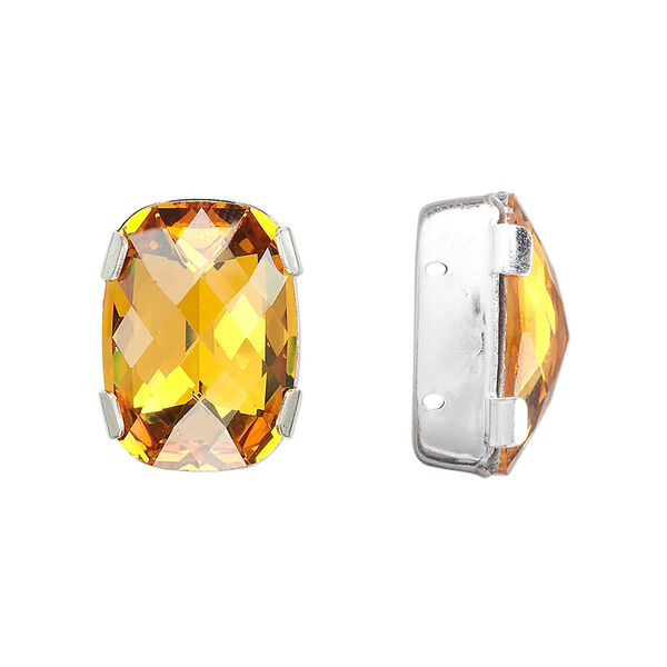 Spacer bar, crystal and silver-plated brass, Crystal Passions®, topaz, silver-foil back, 18x13mm double-drilled single-stone faceted rounded rectangle, 8mm between holes. Sold individually. image number 0