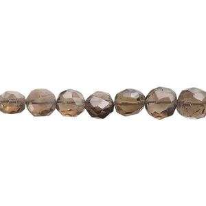 Smoky quartz 1pkg1, hand-cut faceted puffed flat round bead 14 inch 6-9mm