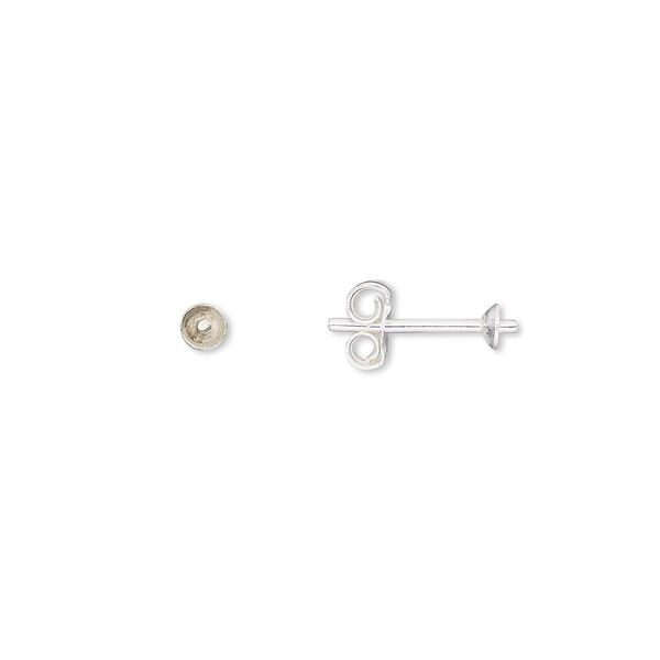 Earstud, sterling silver, 3mm cup with 1.5mm peg, fits 3-5mm half-drilled round bead. Sold per pkg of 5 pairs. image number 0