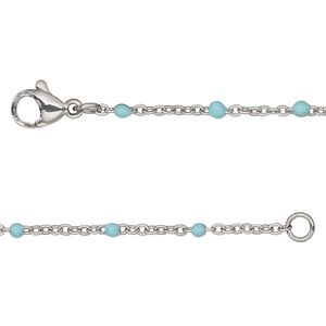 Chain, stainless steel and enamel, turquoise, 1.7mm flat cable with 2mm ball, 20 inches with lobster claw clasp. Sold individually.