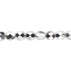 Bead, Czech fire-polished glass, opaque metallic silver, 6mm faceted round. Sold per 15-1/2" to 16" strand.