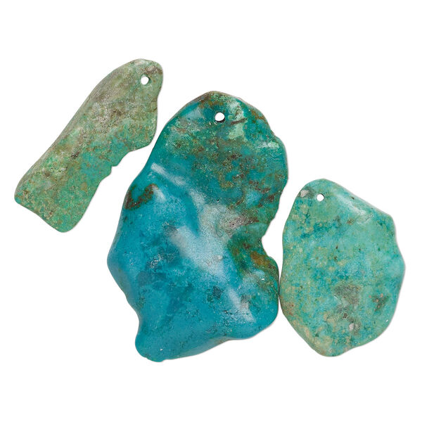 Focal mix, turquoise (dyed / stabilized), blue, large to gigantic top-drilled flat-sided nugget, Mohs hardness 5 to 6. Sold per pkg of 3. image number 0