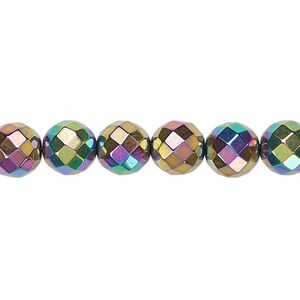Hemalyke™ 1pkg1, rainbow titanium-coated faceted round bead 15.5-16 inch 8mm