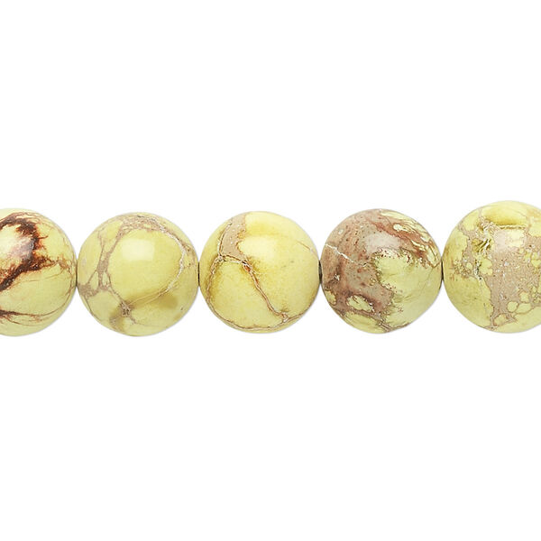 Bead, magnesite (dyed / stabilized), light lime green, 10mm round, B grade, Mohs hardness 3-1/2 to 4. Sold per 15-1/2" to 16" strand. image number 0