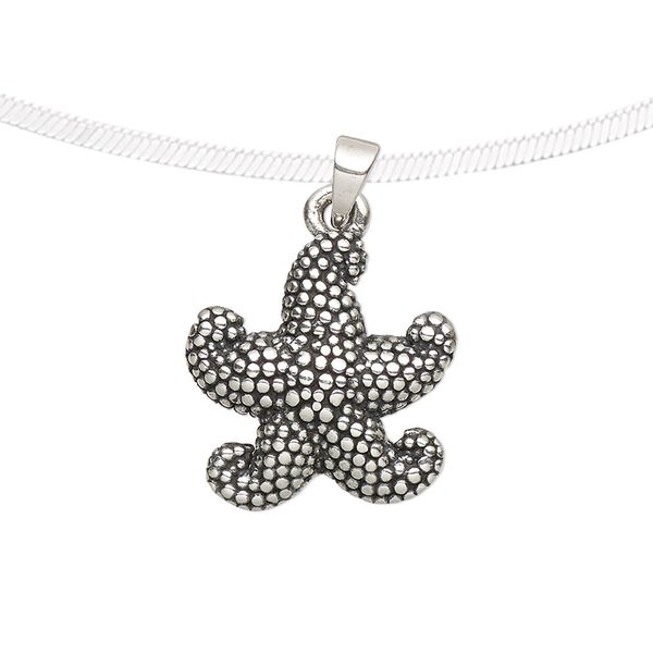 Pendant, antiqued fine silver, electroformed, 18.5x18mm single-sided textured starfish. Sold individually. image number 0