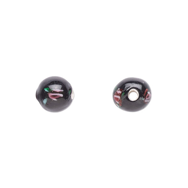 Bead, Czech lampworked glass, opaque black / pink / green, 6-7mm round with flower design. Sold per pkg of 10. image number 0
