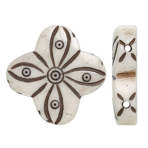 Spacer, bone (bleached), light, 24x24mm hand-carved 2-strand flower, Mohs hardness 2-1/2. Sold per pkg of 6. image number 0