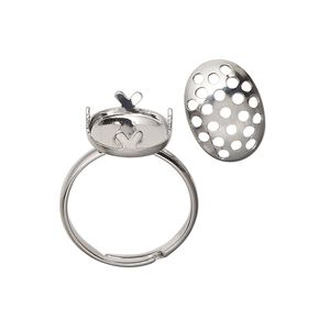 Ring, silver-finished brass, 14x10mm perforated oval disc. Sold individually.
