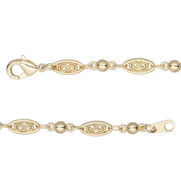 Chain, gold-finished "pewter" (zinc-based alloy), 4mm filigree and 3mm ball, 36 inches. Sold individually. image number 0