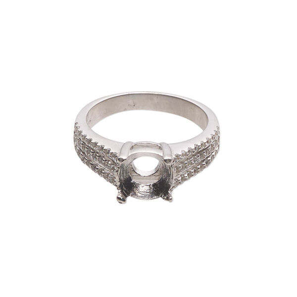 Ring, cubic zirconia and rhodium-plated sterling silver, clear, 8mm wide with open back and SS39 or 8mm round 4-prong setting, size 7. Sold individually. image number 0