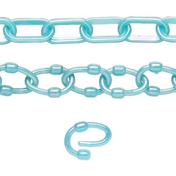 Chain, plastic, turquoise blue AB, 7mm oval with 9mm oval link. Sold per (5) 15" to 16" sections. image number 0