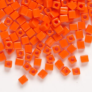 Seed bead, Miyuki 1pkg10g, glass, 3.5-3.7mm square, opaque orange (SB-406)