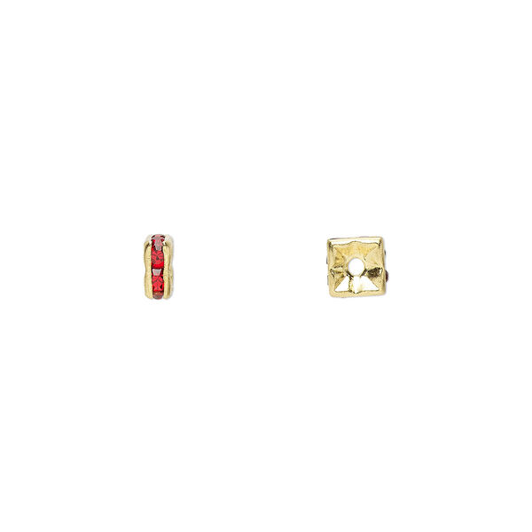 Bead, glass rhinestone and gold-finished brass, red, 4x2mm squaredelle. Sold per pkg of 10. image number 0