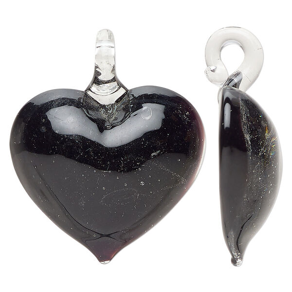 Focal, lampworked glass, clear and translucent dark purple, 34x30-36x33mm domed heart. Sold individually. image number 0