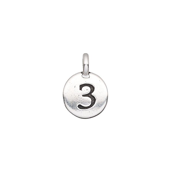 Drop, TierraCast®, antique silver-plated pewter (tin-based alloy), 11.5mm single-sided round with textured number "3." Sold per pkg of 2. image number 0