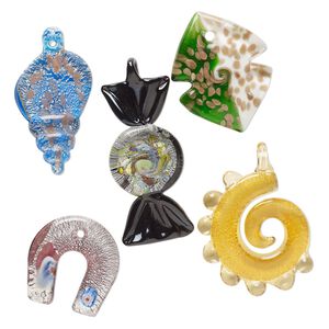Random focal mix, lampworked glass, opaque and translucent mixed colors with silver-colored foil and copper-colored glitter, 35x27mm-60x46mm mixed shapes. Sold per pkg of 5.