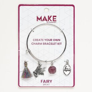 Bracelet and charm assortment, antique silver-finished brass / nylon / resin, purple / gold / blue, Fairy theme, 7-1/2 inches. Sold per 5-piece set.