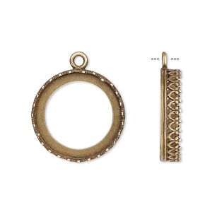Drop, JBB Findings, antiqued brass, 19.5mm round with open back and decorative trim, 18mm round bezel setting. Sold per pkg of 2.