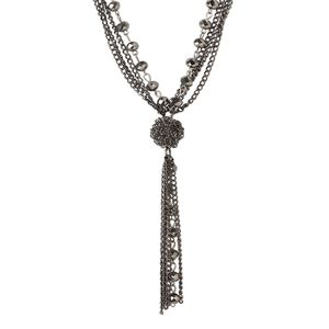 Necklace, 4-strand, glass and gunmetal-finished steel, clear and silver, 8x6mm faceted rondelle, 27 inches with 2-inch extender chain and lobster claw clasp. Sold individually.