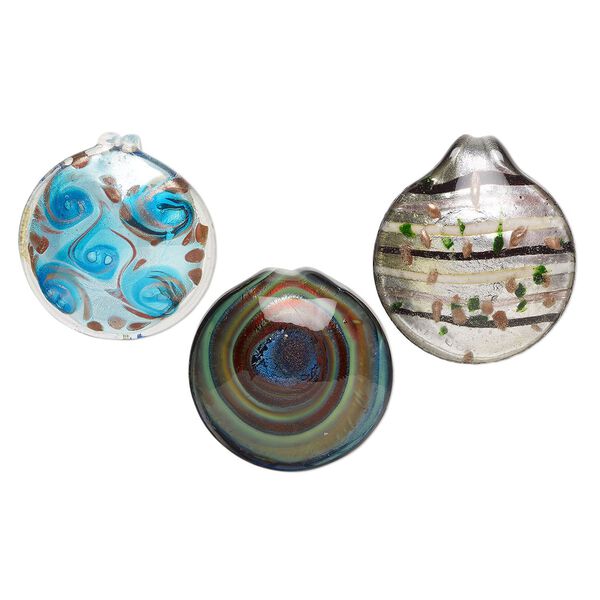 Random focal mix, lampworked glass, opaque to transparent mixed colors, 43mm-55mm domed round with silver-colored foil and copper-colored glitter. Sold per pkg of 3. image number 0