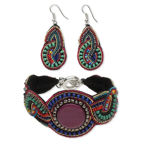 Bracelet and earring, velveteen / glass / acrylic / copper / resin / silver-coated plastic / silver-finished steel, multicolored, 38mm wide, 7-inch bracelet with toggle clasp, 1-1/2 inch earrings with fishhook ear wire. Sold per set. image number 0