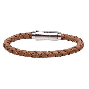 Bracelet, Everyday Jewelry, leather (dyed) and stainless steel, light brown, 6mm bolo cord, 6-1/2 inches with magnetic clasp. Sold individually.