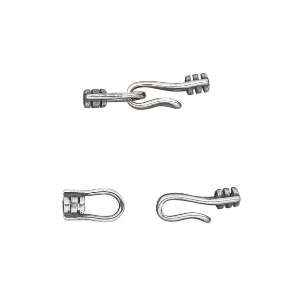 Clasp, hook-and-eye, antiqued sterling silver, 20x5mm with lined pattern and crimp ends, 1.5mm inside diameter. Sold individually. image number 0