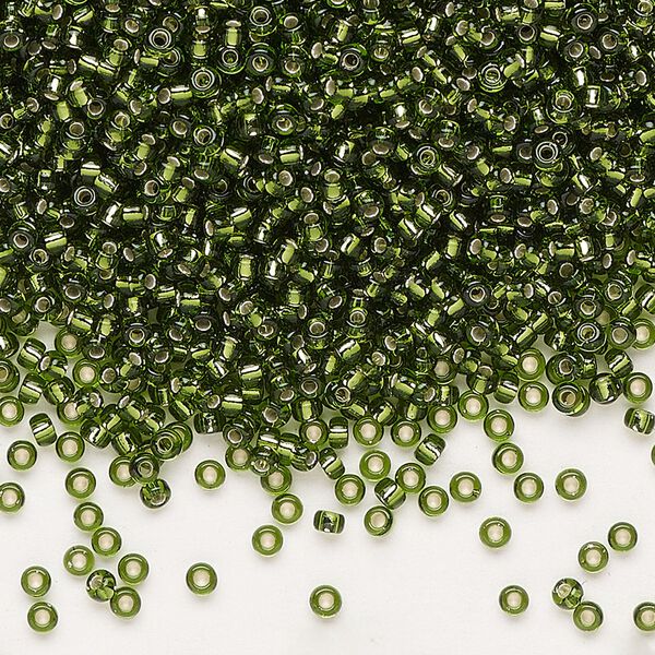 Seed bead, Miyuki, glass, pkg/25g, #11 rocaille, transparent silver-lined olive green (RR-26). image number 0