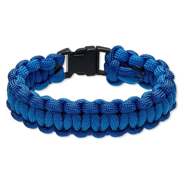 Bracelet, nylon paracord and plastic, dark blue / light blue / black, 18mm wide survival, 6-1/2 inches with buckle clasp. Sold individually. image number 0