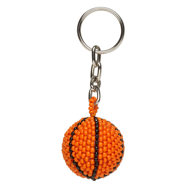Keychain, glass and steel, orange and black, 3 inches with 26.5mm 3D basketball and 20mm split ring. Sold individually. image number 0