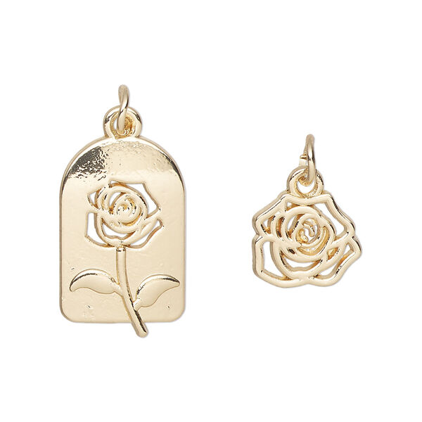 Charm, gold-finished "pewter" (zinc-based alloy) and steel, 21x13mm rose cutout design and 12x11mm single-sided rose. Sold per pkg of (2) 2-piece sets. image number 0