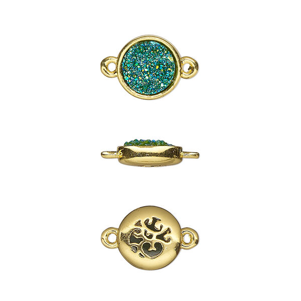Link, Druzylite™, "druzy" (resin) and gold-finished brass, green, 9.5mm two-sided round with open filigree back. Sold per pkg of 4. image number 0