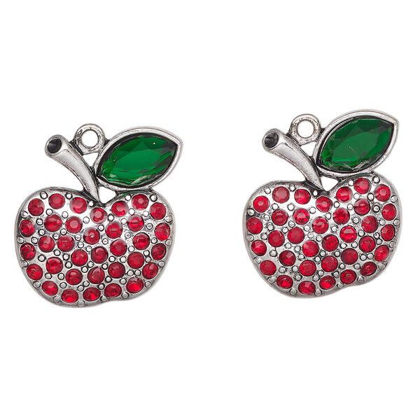 Charm, antique silver-finished "pewter" (zinc-based alloy) and glass, red and green, 23x22mm apple. Sold per pkg of 2. image number 0