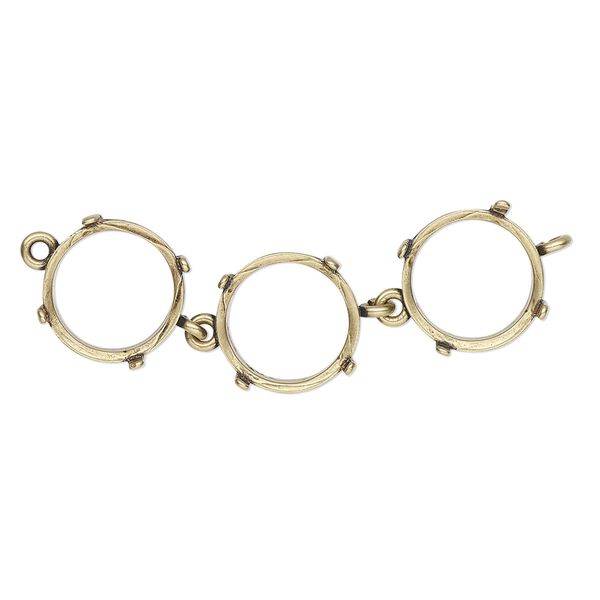 Link, JBB Findings, antique brass-plated brass, 43x12mm with open back and (3) 12mm 4-prong rivoli settings. Sold individually. image number 0