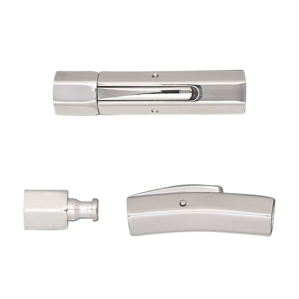 Clasp, bullet, stainless steel, 28x6mm locking curved hexagon tube with glue-in ends, 4mm inside diameter. Sold individually. image number 0