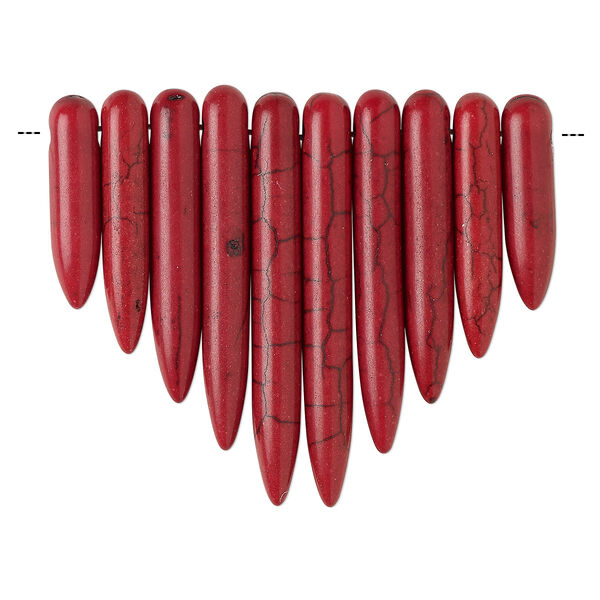 Focal, magnesite (dyed / stabilized), red and black, 20x5mm-39x5mm graduated spike fan, B grade, Mohs hardness 3-1/2 to 4. Sold per 10-piece set. image number 0
