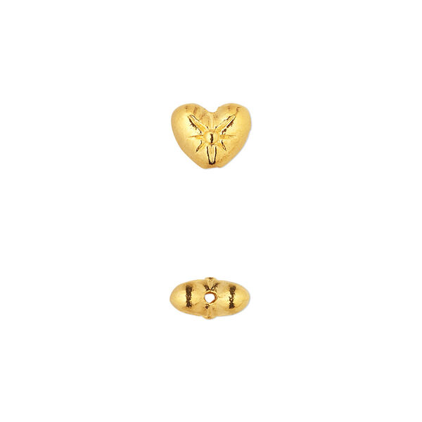 Bead, gold-finished "pewter" (zinc-based alloy), 8x6mm double-sided heart with flower design. Sold per pkg of 50. image number 0