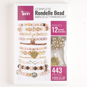Bracelet-making kit, "pewter" (zinc-based alloy) and steel, pkg/1, gold finish/pink/brown, mixed sizes and shapes.