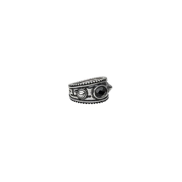 Ring, glass rhinestone and antique silver-finished "pewter" (zinc-based alloy), black, 14mm wide beaded round with oval and lines design, size 7-1/2. Sold individually. image number 0