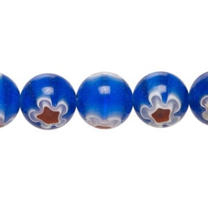 Bead, millefiori glass 1pkg1, translucent dark cobalt blue / white / dark red, 11-13mm round, 15 inches.