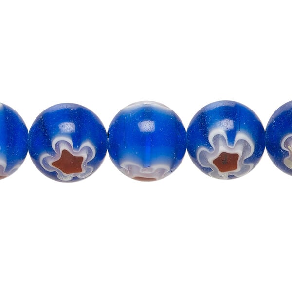 Bead, millefiori glass 1pkg1, translucent dark cobalt blue / white / dark red, 11-13mm round, 15 inches. image number 0