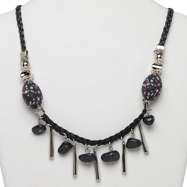 Necklace, blackstone (dyed) / polymer clay / silver-colored plastic, multicolored, 28x20mm oval on braided leather, 28 inches with black leather knot and loop closure. Sold individually. image number 0