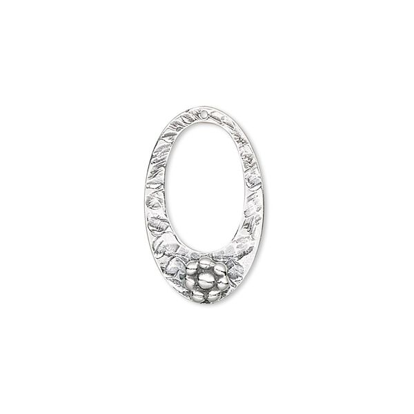 Drop, antiqued sterling silver, 20x12mm oval with flower. Sold individually. image number 0