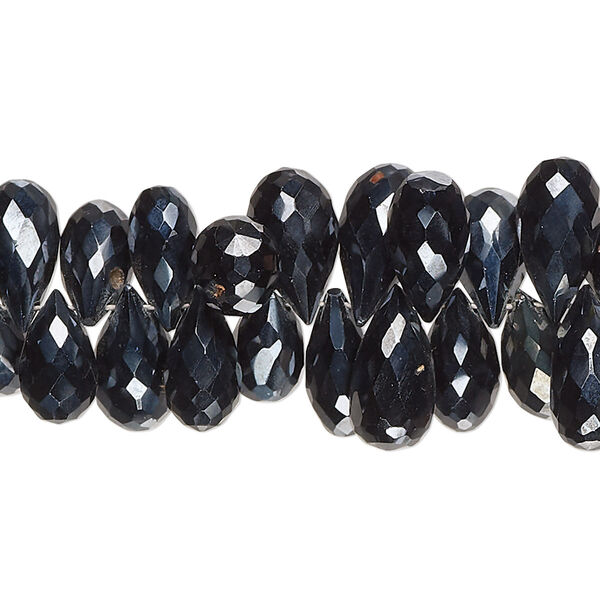 Bead, black spinel (coated), 9x5mm-16x7mm hand-cut top-drilled faceted teardrop, B grade, Mohs hardness 8. Sold per 8-inch strand, approximately 80 beads. image number 0