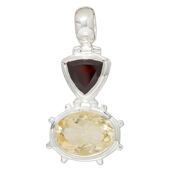 Pendant, citrine (heated) / garnet (natural) / sterling silver, 39x25mm oval and triangle. Sold individually. image number 0