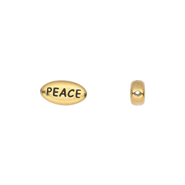 Bead, TierraCast®, antique gold-plated pewter (tin-based alloy), 11x6mm side-drilled double-sided flat oval with "PEACE." Sold per pkg of 2. image number 0