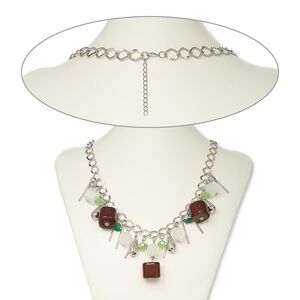 Necklace, glass / plastic / silver-coated plastic / imitation rhodium-finished steel / brass, brown / green / white, cube, 22 inches with 2-inch extender chain and lobster claw clasp. Sold individually.